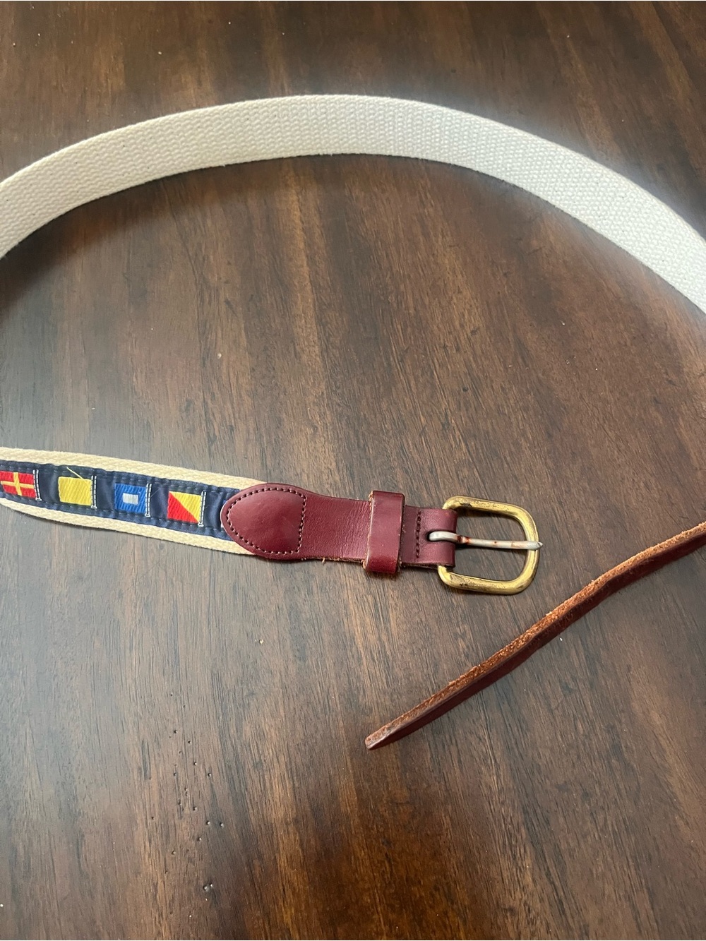 White Canvas Belt with Brown Leather Trim and Nautical Flags